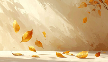 Minimal autumn background with warm beige tones, scattered golden leaves, soft shadows, neutral flat surface with copy space, perfect for Instagram posts, product placement, or modern seasonal ads.