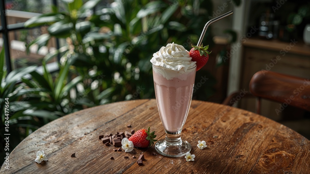 Poster strawberry milkshake served in a high glass with a straw, resting on a table inside a cafe, featurin