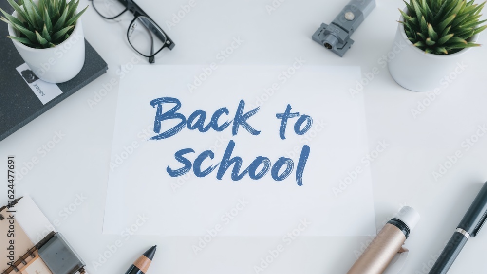 Poster a note with 'back to school' written on it resting on a table.