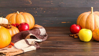 Cozy fall harvest background with pumpkins, apples, cinnamon sticks, and plaid blankets on a rustic wooden table, warm lighting, farmhouse style, perfect for Thanksgiving or seasonal recipe blogs.