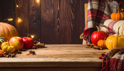 Cozy fall harvest background with pumpkins, apples, cinnamon sticks, and plaid blankets on a rustic wooden table, warm lighting, farmhouse style, perfect for Thanksgiving or seasonal recipe blogs.