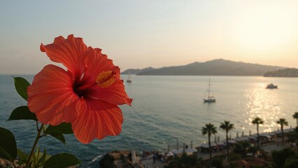 A floral bloom with a seaside horizon