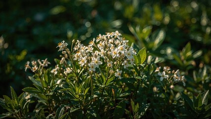 White flowers bloom vibrantly within dense green leaves, basking in the soft warmth of daylight.