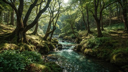 Obraz premium A flowing stream winds through lush greenery in a serene woodland