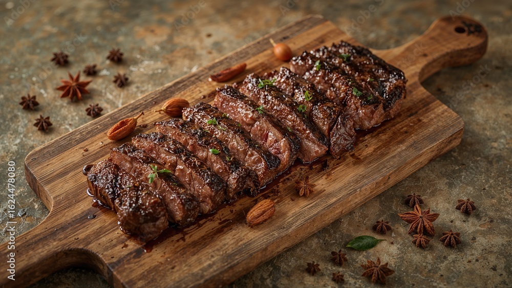 Poster beef steak grilled and arranged on a wooden slab with spices over a stone surface featuring empty sp