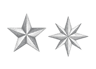 Retro halftone collage elements for mixed media design. Two vintage gray stipple etched stars of varying points isolated on white