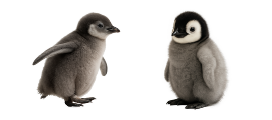 Adorable baby penguins standing side by side, fluffy gray chicks with soft feathers, isolated on transparent background. Cute wildlife photography of Antarctic animals, perfect for nature, wildlife