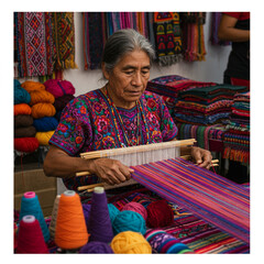 Oaxaca Artisan Weaving Traditional Textile Art on Backstrap Loom in Market.
