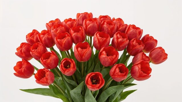 An eye-catching spring floral composition of lively red tulips on a clean white backdrop, with room for text or artwork.