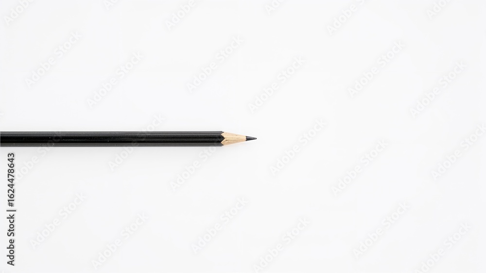 Poster a single pencil positioned in a straight line on a white background.