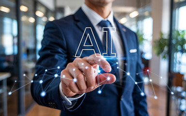 Vector art of businessman touching artificial intelligence technology with global network connection