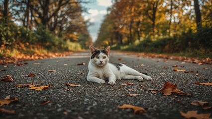 Fototapeta premium A solitary cat lying on the roadway