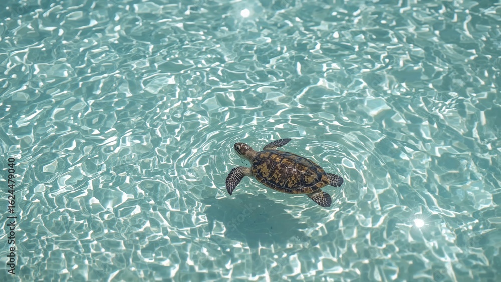 Poster a turtle moves elegantly while floating on the water.