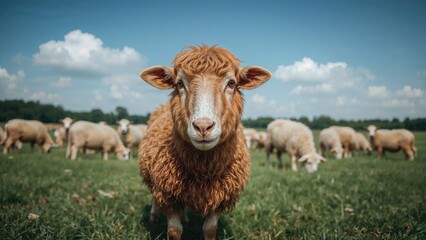 Fototapeta premium In a pasture, one sheep is red while the rest are white