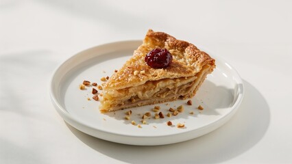 A serving of apple pie or a delicate phyllo pastry dessert presented on a white platter with nuts and sweet spread. Sharply focused. Quality photograph