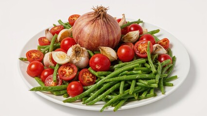 An Assortment of Fresh, Healthful Raw Veggies Featuring Onion, Garlic, Tomato, and Bean Varieties