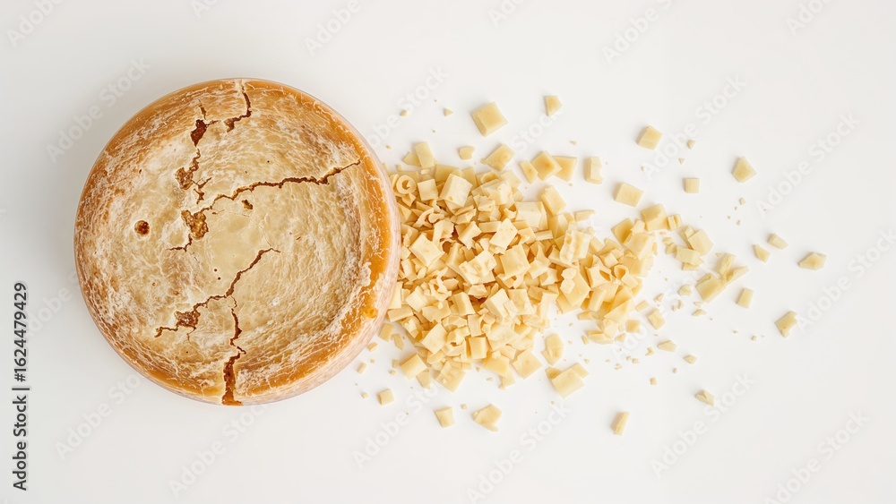 Poster grated cheese crumbles falling from a sizable chunk on a simple background
