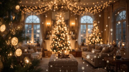 A hazy perspective of a modern Christmas setting highlighted by twinkling light decorations.