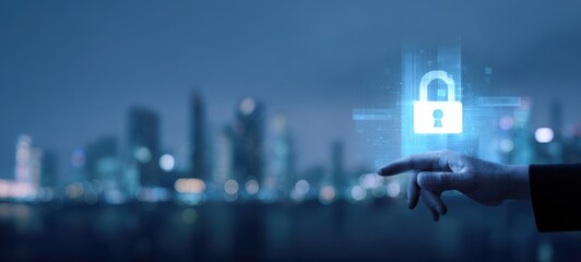 The hand reaching toward a digital lock icon in a futuristic cityscape.