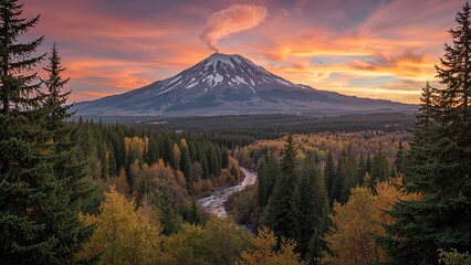 A volcano emitting smoke with dense greenery in the foreground