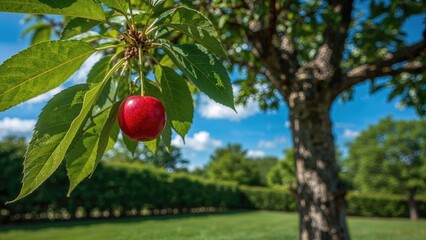 Red cherries flourishing on a tree in a garden against a vivid blue sky.