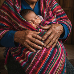 Peruvian Grandmother Swaddling Baby in Hand-Loomed Blanket with Ancestral Warmth.