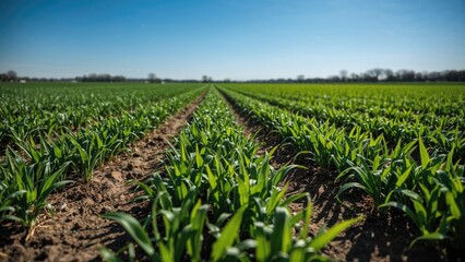 Broad field displaying neatly arranged young plants