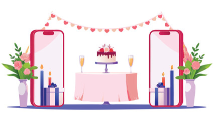 Virtual birthday celebration with cake champagne phones flowers gifts and heart garland decoration arrangement