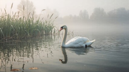 Obraz premium A calm, foggy lake features a graceful swan swimming