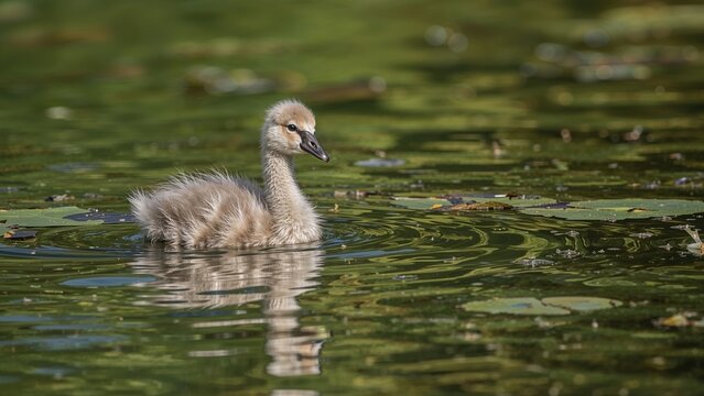 A swan cygnet floating serenely on the lake surface