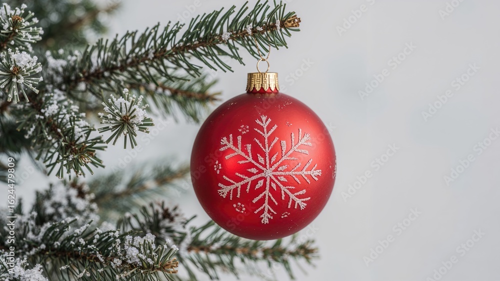 Aufkleber a ruby bauble adorned with a snowflake design is suspended from a frosted festive tree branch.