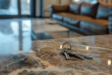 Keys on the table against the background of the living room interior. Buying an apartment, renting or leasing real estate, the process of buying a house, mortgage agreements