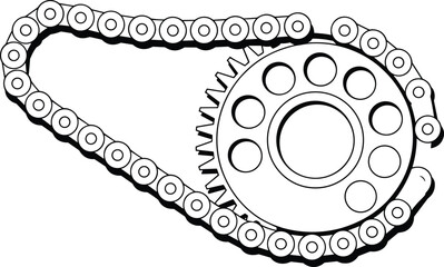 Mechanical chain and sprocket system, engineering precision, industrial machinery components, gear design, machine parts, vector illustration, mechanical drawing