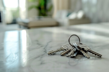 Keys on the table against the background of the living room interior. Buying an apartment, renting or leasing real estate, the process of buying a house, mortgage agreements
