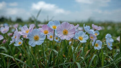 Fototapeta premium Colorful Persian buttercups flourish vividly, their tender petals fluttering in the light spring air.