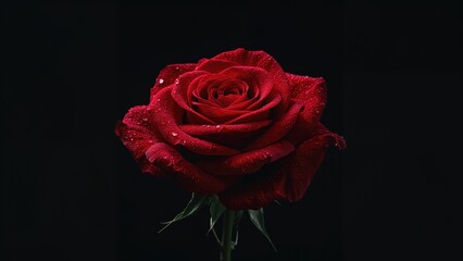 A vibrant red rose stands out vividly on a deep black background.