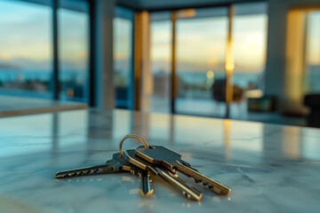 Keys on the table against the background of the living room interior. Buying an apartment, renting or leasing real estate, the process of buying a house, mortgage agreements