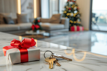 Keys on the table against the background of the living room interior. Buying an apartment, renting or leasing real estate, the process of buying a house, mortgage agreements