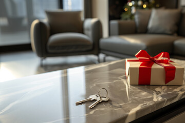 Keys on the table against the background of the living room interior. Buying an apartment, renting or leasing real estate, the process of buying a house, mortgage agreements
