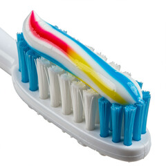 Photorealistic Macro: Toothbrush Bristles with Colorful Toothpaste Stripe, Detail Focus.