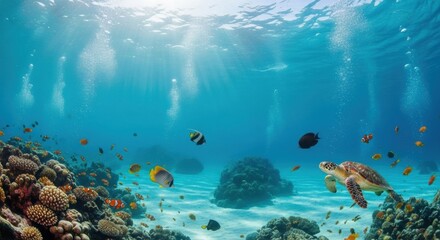 Naklejka premium Vibrant Coral Reef Ecosystem: Turtle, Fish, and Sunlit Ocean Depths