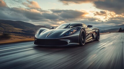 Sleek sports car racing down a scenic road at sunset