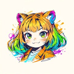 Vibrant Anime Girl with Tiger Ears