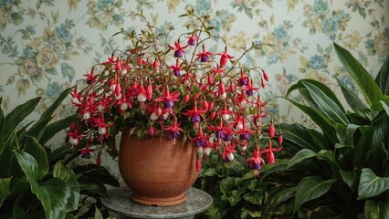 Tropical plant with cascading blossoms in a garden pot