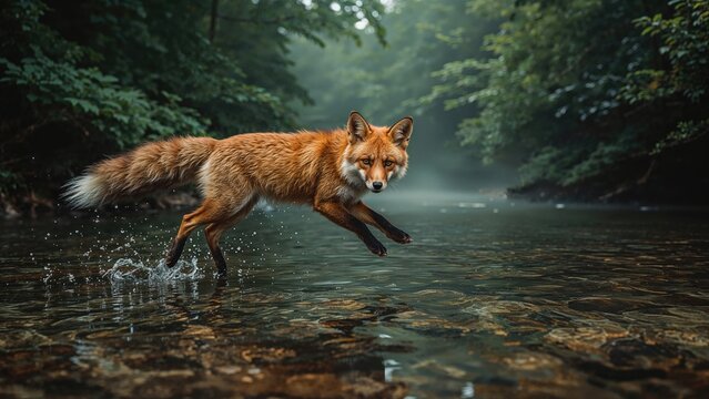 A Vulpes vulpes fox vaults over a river amidst trees