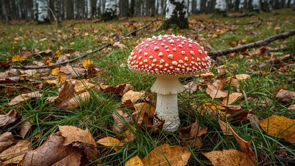 Close-up view of a striking fly agaric nestled on the forest ground.