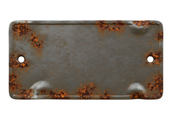 Horizontal iron label tag with rust texture and dented corners isolated on transparent background