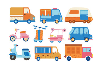 Variety of Vehicles: A colorful array of various vehicles, showcasing a diverse range of transportation options. Ideal for illustrating movement, travel.