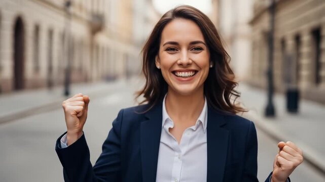 Smiling Young Businesswoman Celebrating Success with Raised Fists Outdoors in City Setting