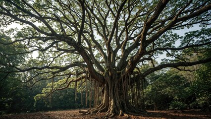 Summer forest scene with green leaves and wooden trees